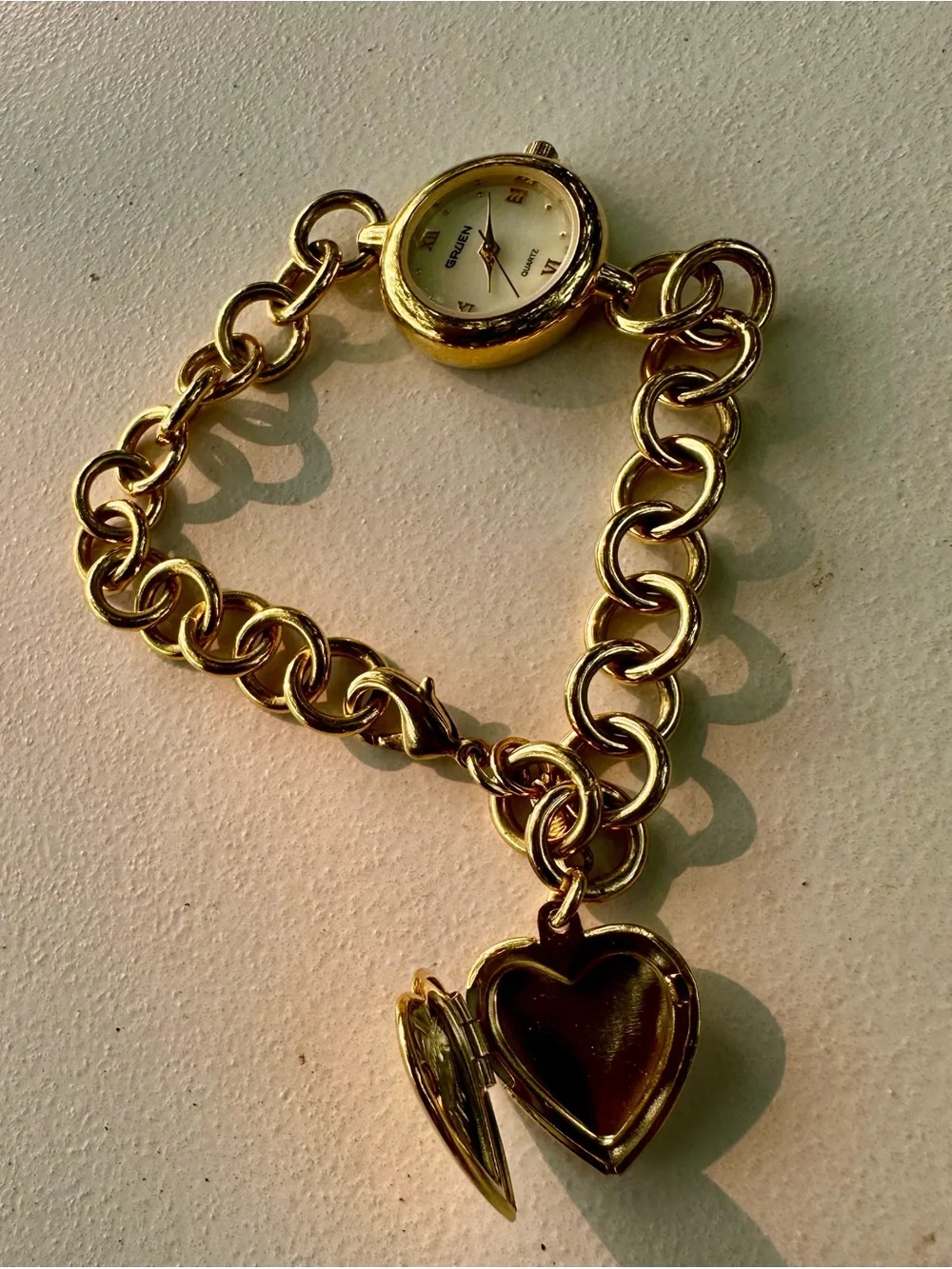 Gold-Tone Heart Charm Bracelet Watch - Unbranded